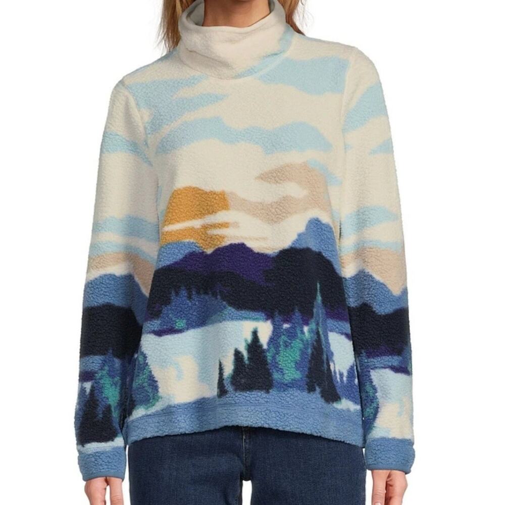 L.L.Bean Women XL Cozy Cottage Fleece Funnelneck Pullover Landscape Print Rustic